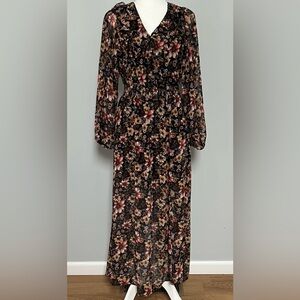 Vestique Long Sleeve Floral Maxi Dress Size Small Multicolor Lined Vneck‎
